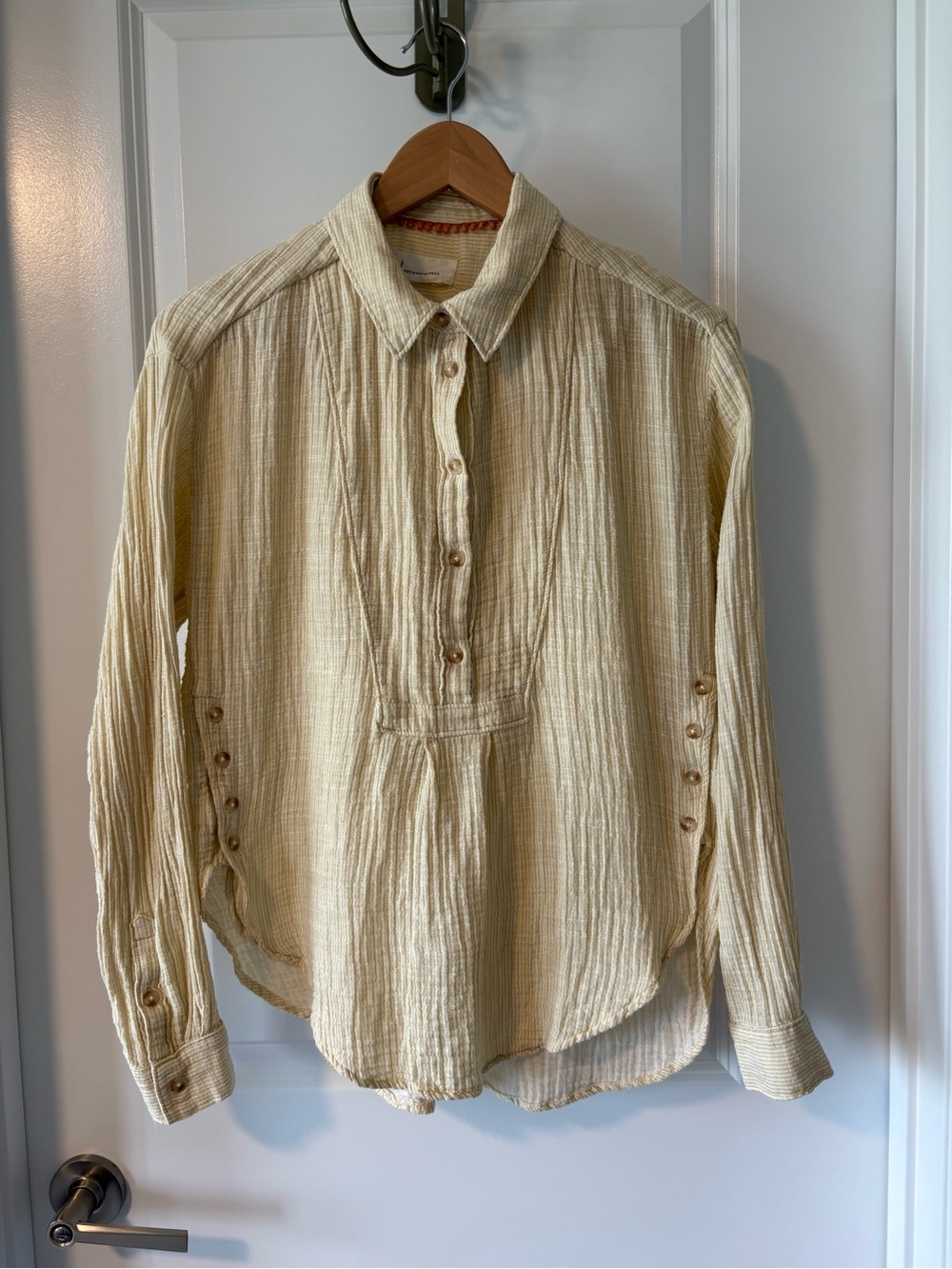 Anthropologie Cotton Gauze Popover Top Yellow Cream Striped Size Small